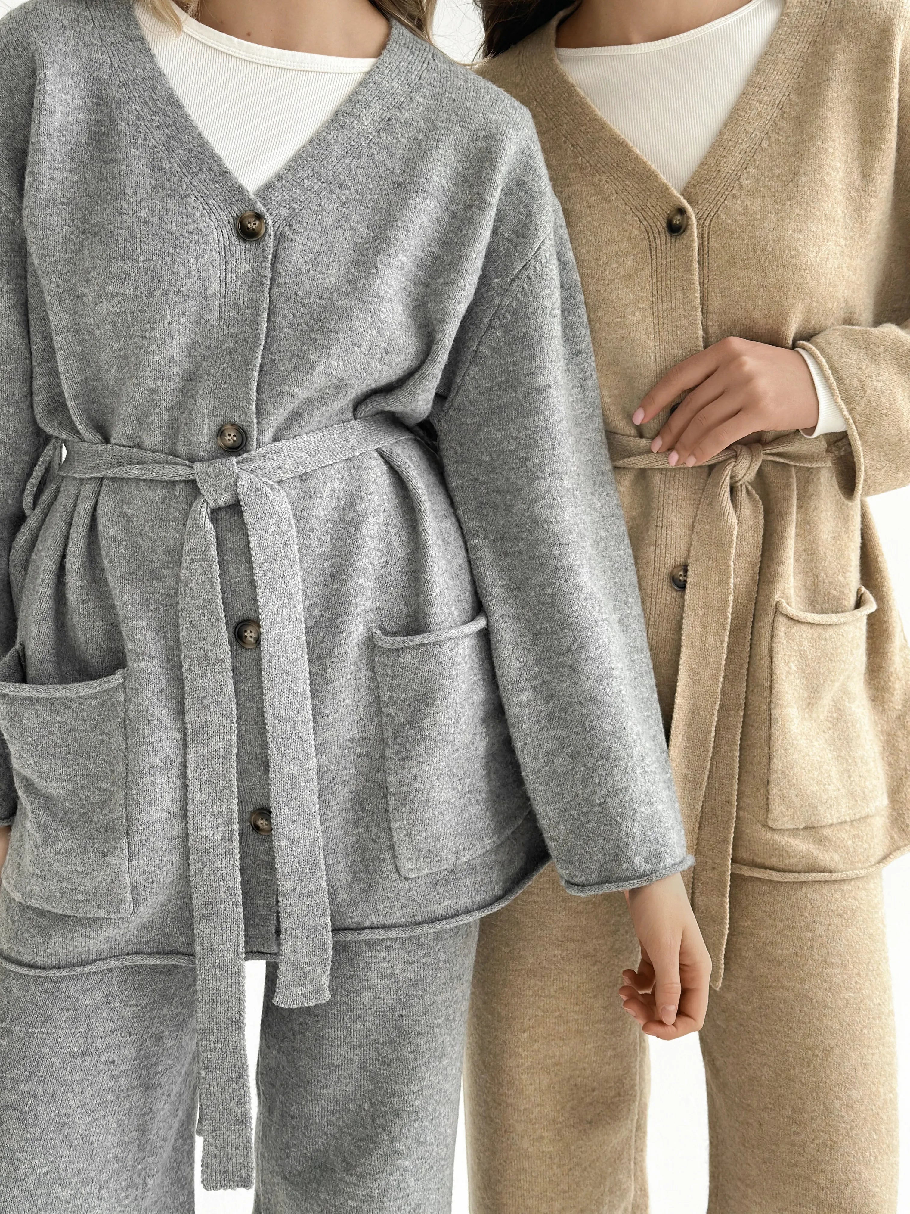 Set knitted cardigan with belt and gray pants