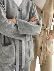 Set knitted cardigan with belt and gray pants