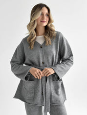 Set knitted cardigan with belt and gray pants