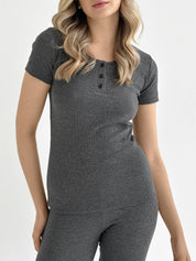 Rib knit T-shirt with buttons anthracite