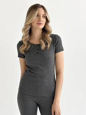 Rib knit T-shirt with buttons anthracite