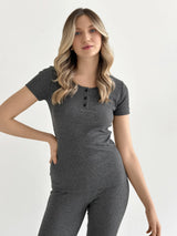 Rib knit T-shirt with buttons anthracite