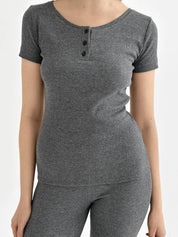 Rib knit T-shirt with buttons anthracite
