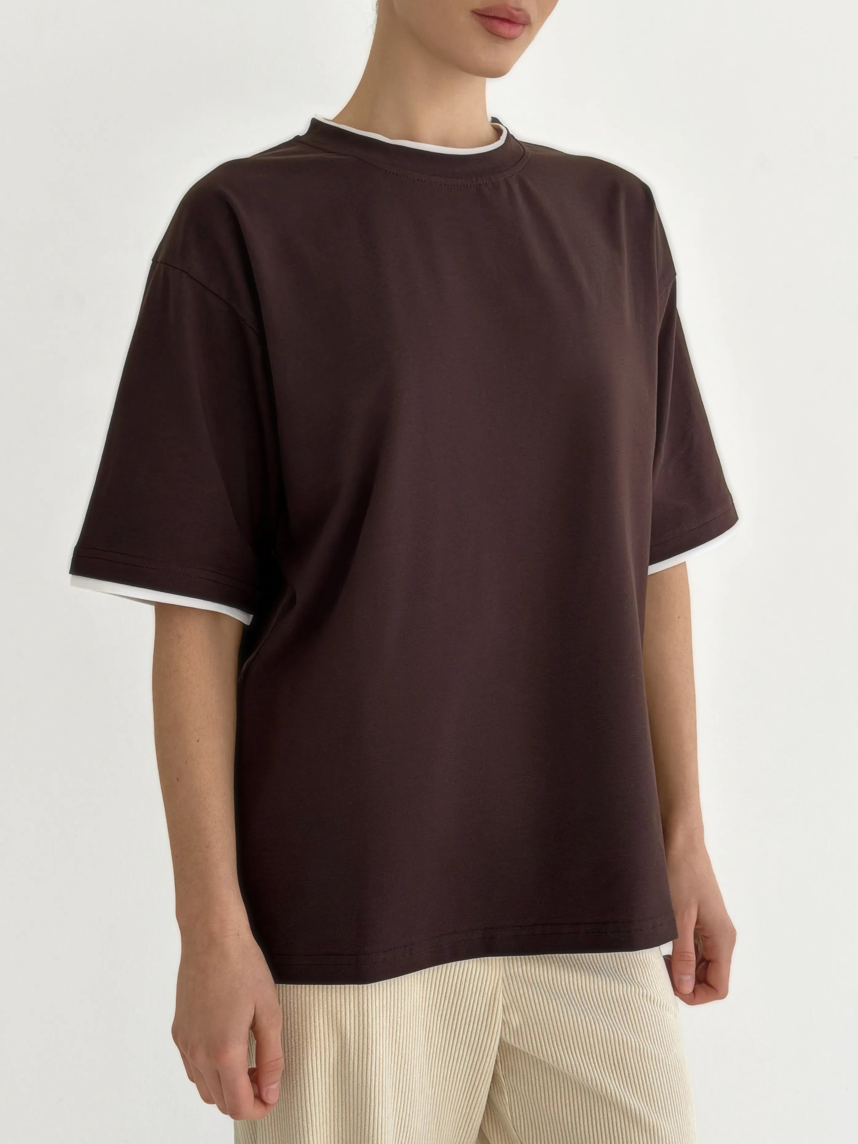T-shirt with white trim, brown, onesize