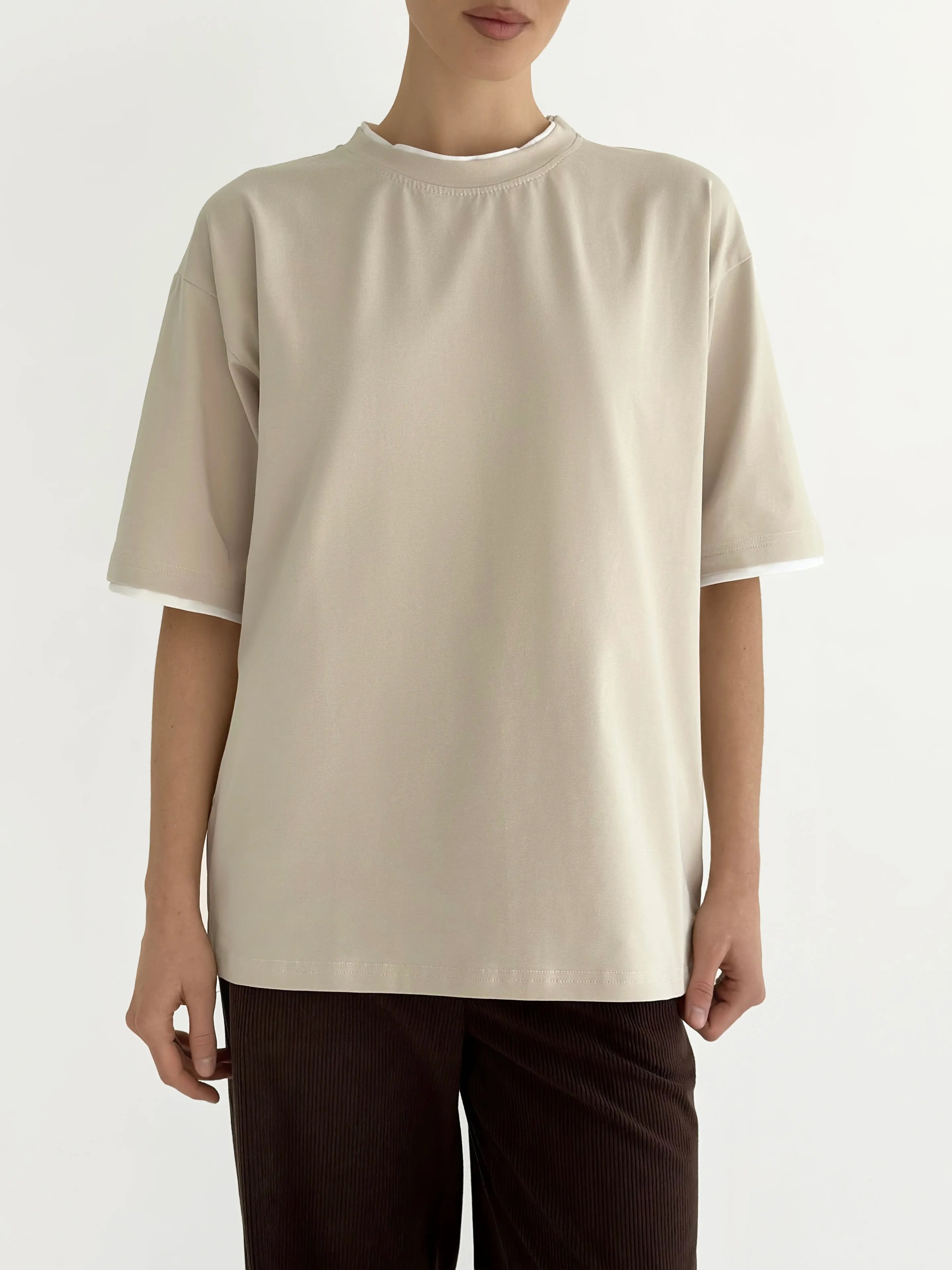 T-shirt with white trim, beige, onesize