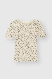 Ribbed milky T-shirt with a blue flower